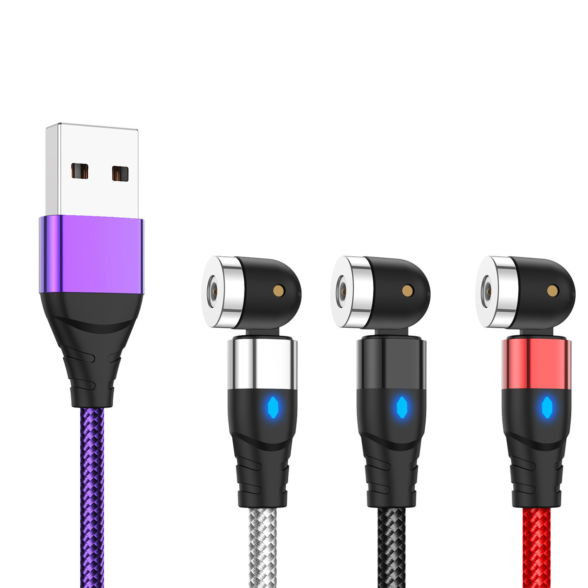 Drei magnetische Ladekabel mit unterschiedlich farbigen Steckern. Einer ist lila.