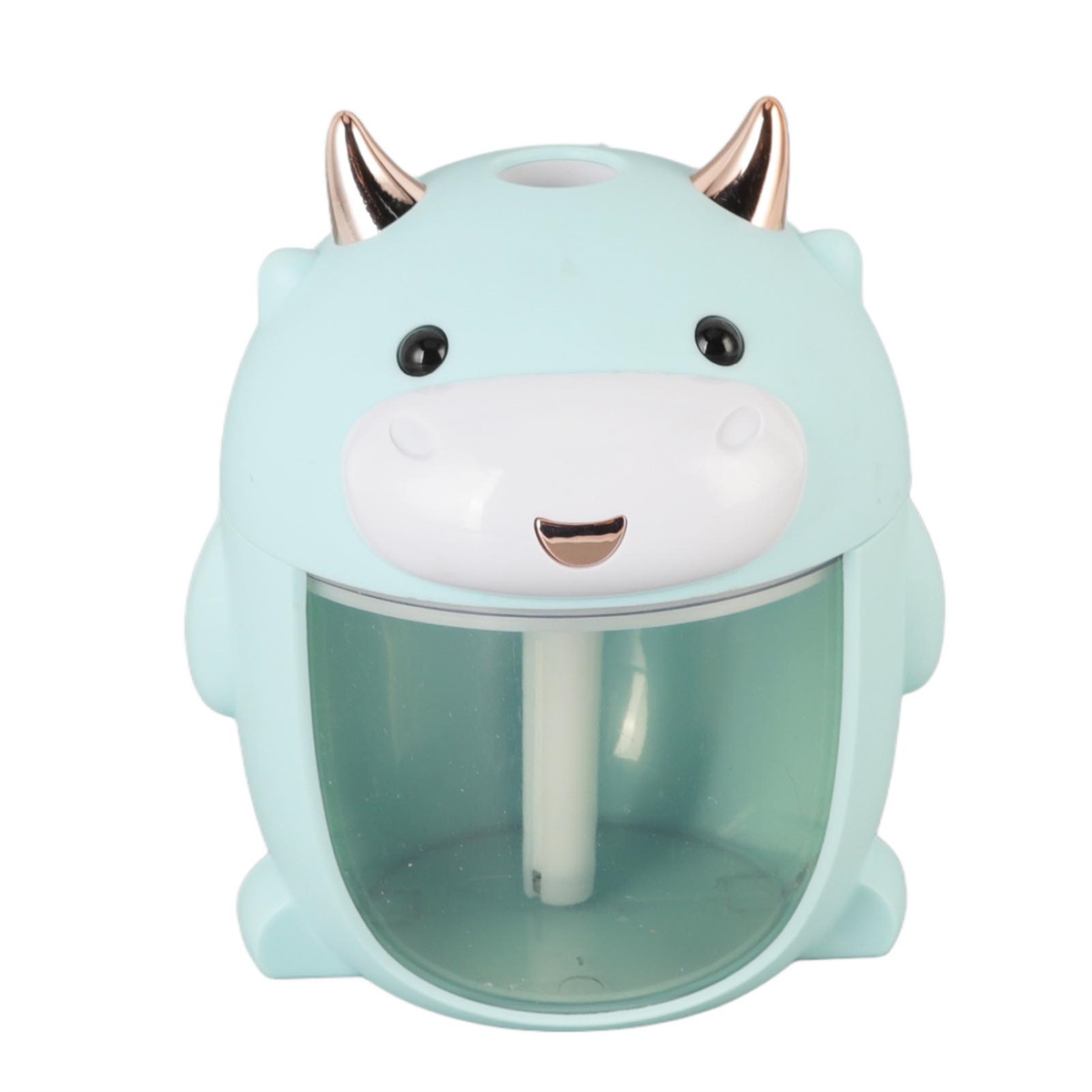 Ein blauer, bullenförmiger Luftbefeuchter mit goldfarbenen Hörnern und transparentem Wasserbehälter.