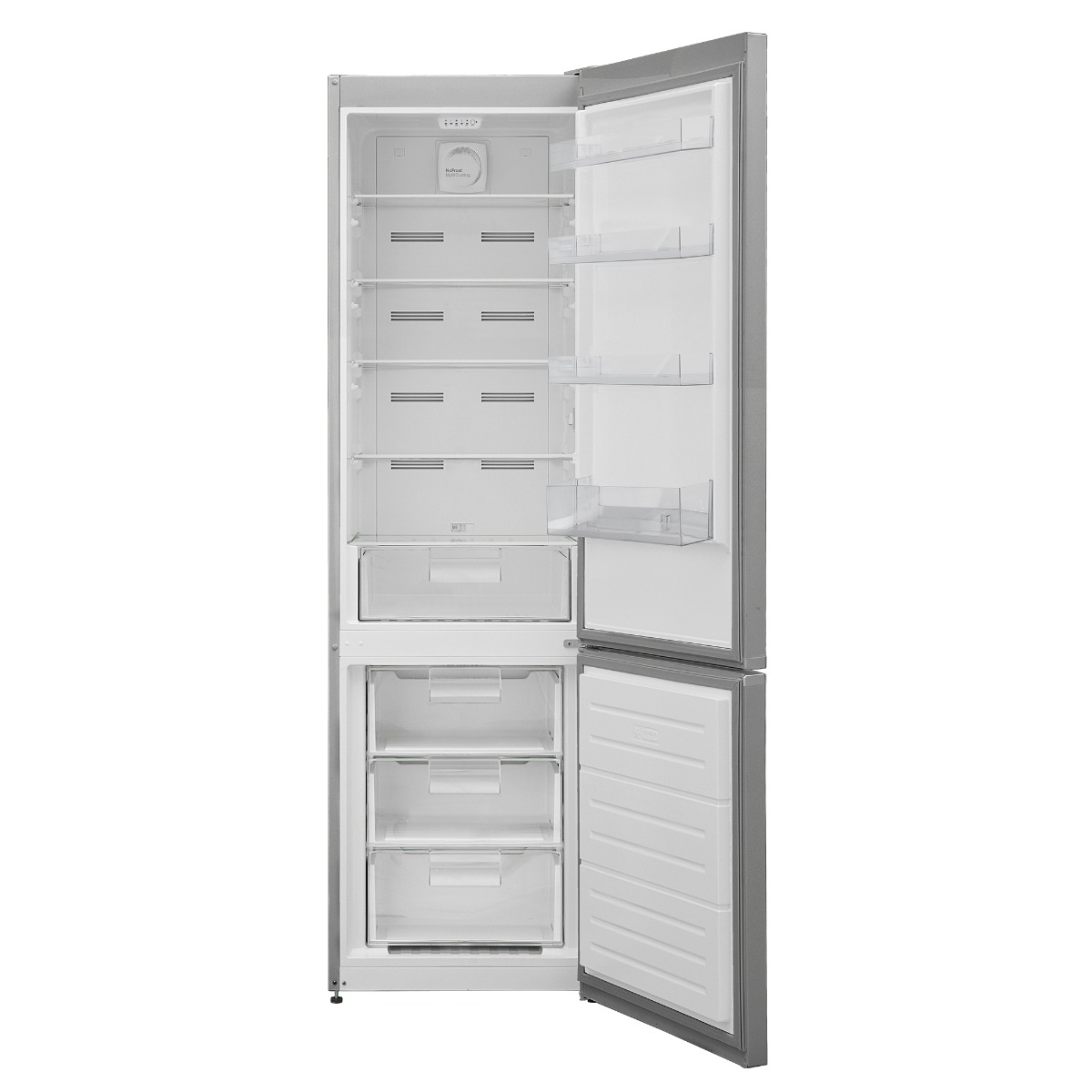 Refrigerador plateado abierto, con estantes y cajones visibles.