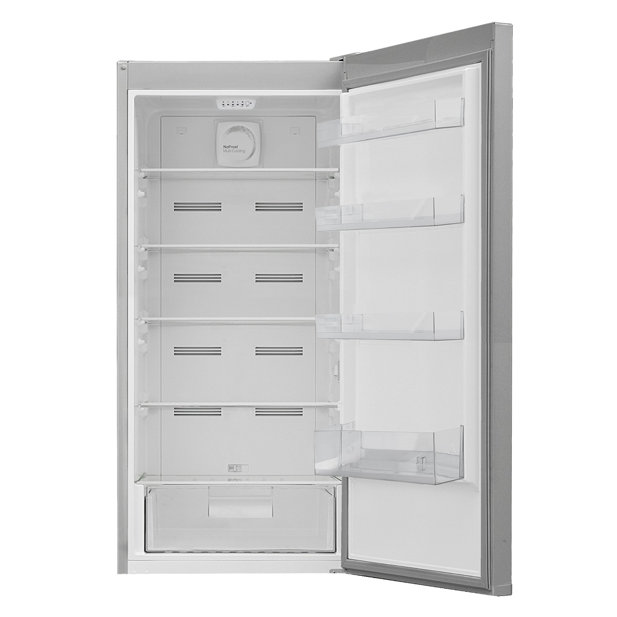 Refrigerador abierto mostrando estantes y cajones. El interior es blanco, y la puerta de acero inoxidable.