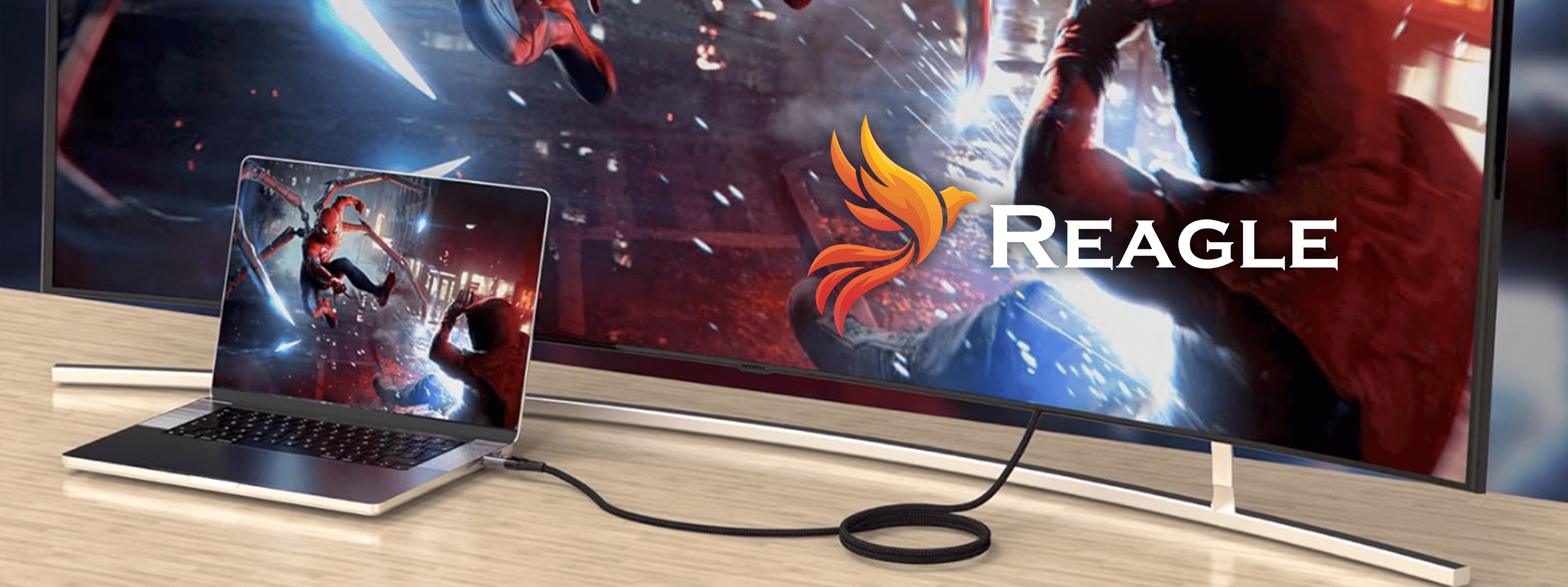 Laptop łączy się z zakrzywionym ekranem telewizora. Ekran pokazuje scenę z gry wideo.