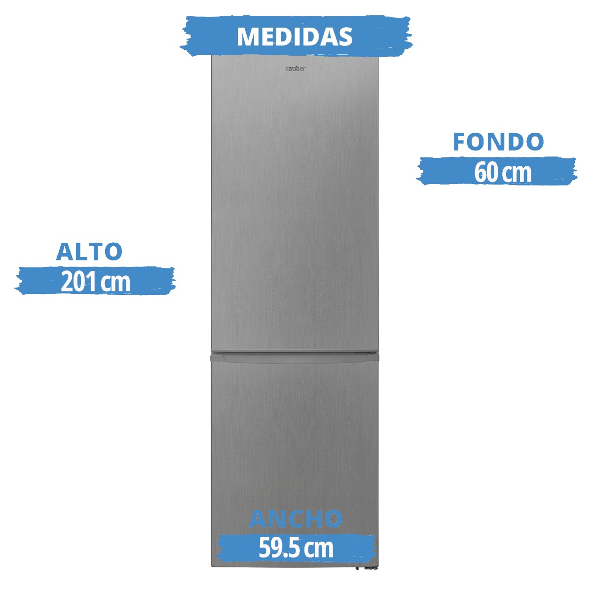 Refrigerador plateado con dimensiones etiquetadas: 201 cm de alto, 59,5 cm de ancho y 60 cm de profundidad. La marca es ilegible.