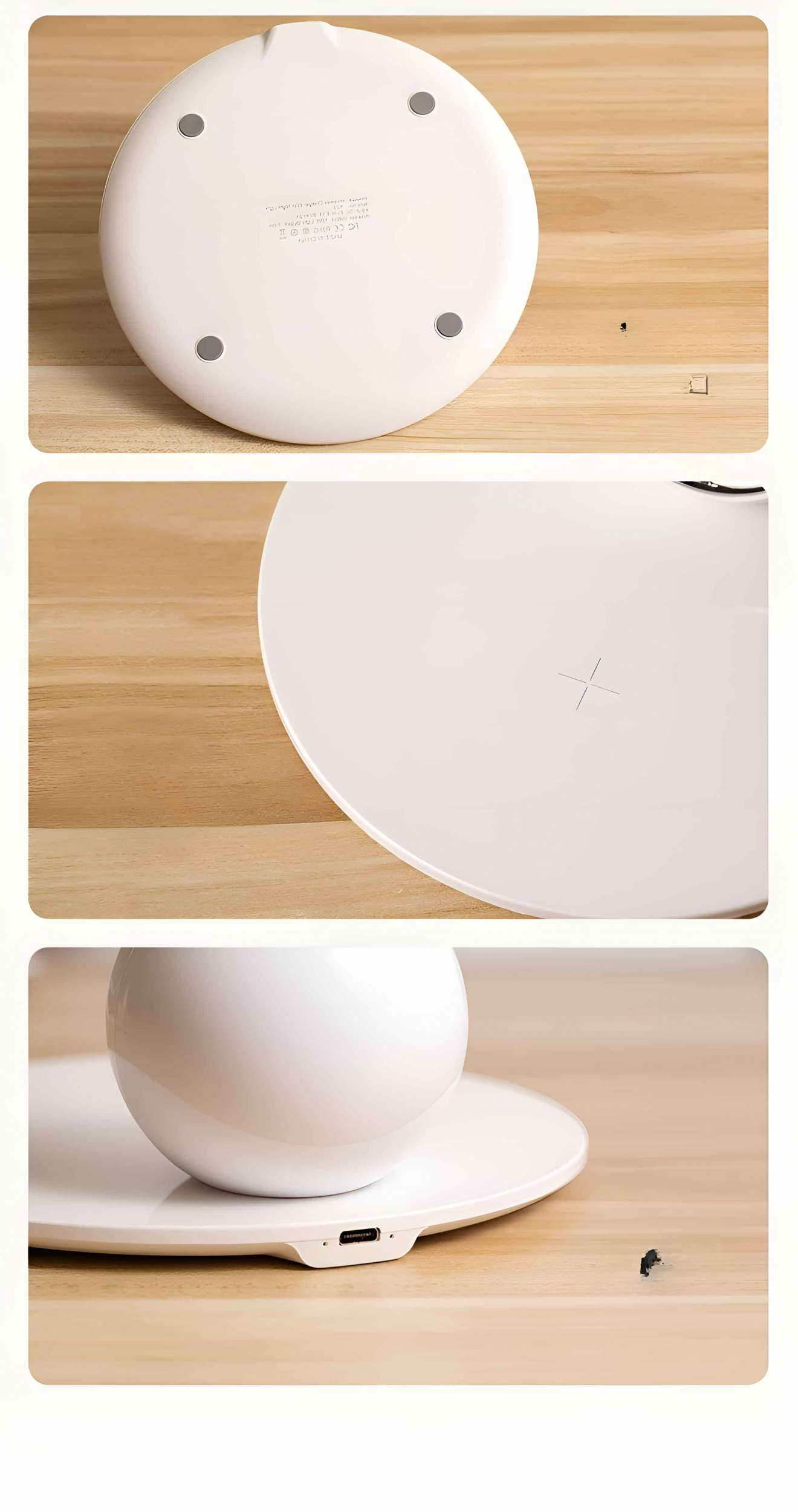 Drei Fotos eines weißen Ladepads. Zeigt Ansichten von oben, unten und der Seite. Sauberes Design.