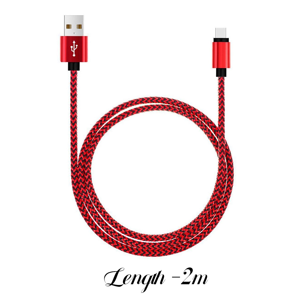 Rotes USB-Kabel mit schwarzen Akzenten in Kreisform, mit USB-A- und USB-C-Anschlüssen. Die Länge beträgt 2 m.