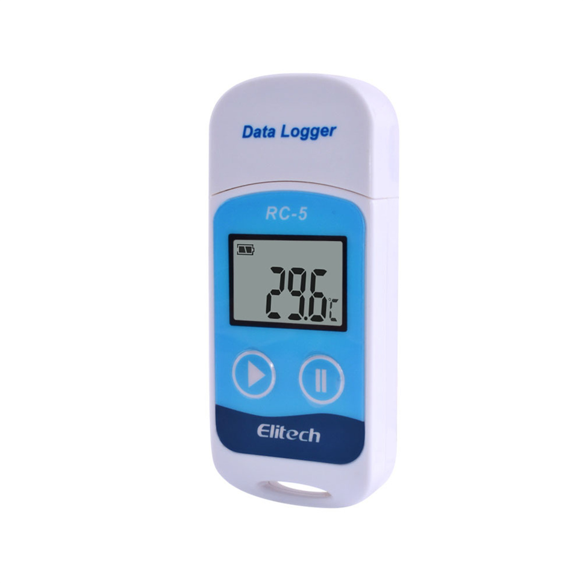 Weiß-blauer Datenlogger mit Digitalanzeige, die 29,6 Grad Celsius und Knöpfe anzeigt.