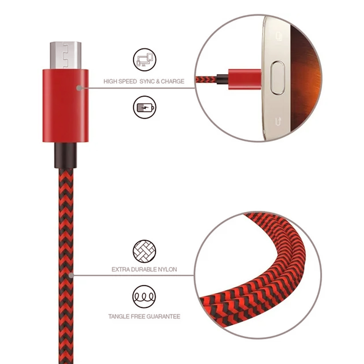 Rotes und schwarzes USB-Kabel mit rotem Stecker und Text: High speed sync & charge, extra durable nylon.