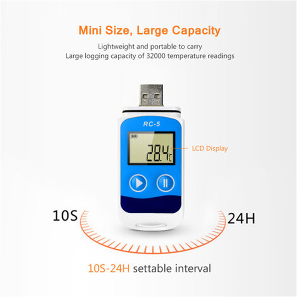 Blau-weißer Temperaturdatenlogger mit LCD-Anzeige und USB-Anschluss, beschriftet RC-5.