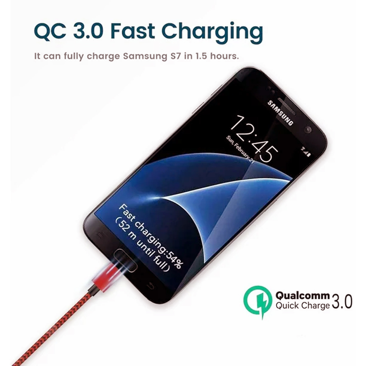 Smartphone wird mit rotem Kabel aufgeladen, Ladezustand wird angezeigt.