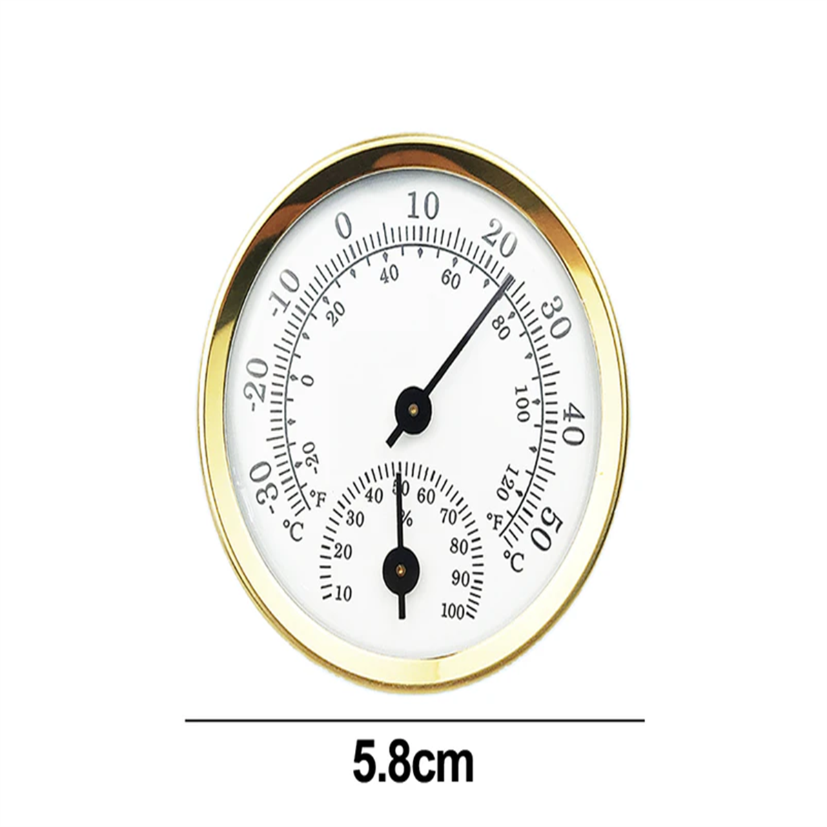 Ein runder Thermometer und Hygrometer mit Goldrand.