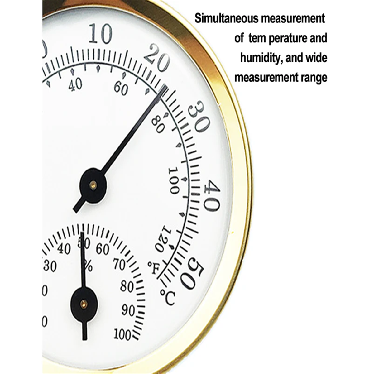 Thermometer mit Temperatur- und Feuchtigkeitsmessgeräten. Messingfarbener Rahmen und weißes Zifferblatt.