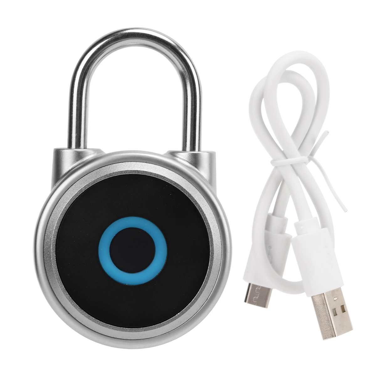 Silbernes und schwarzes Vorhängeschloss mit weißem USB-Ladekabel, weißer Hintergrund.