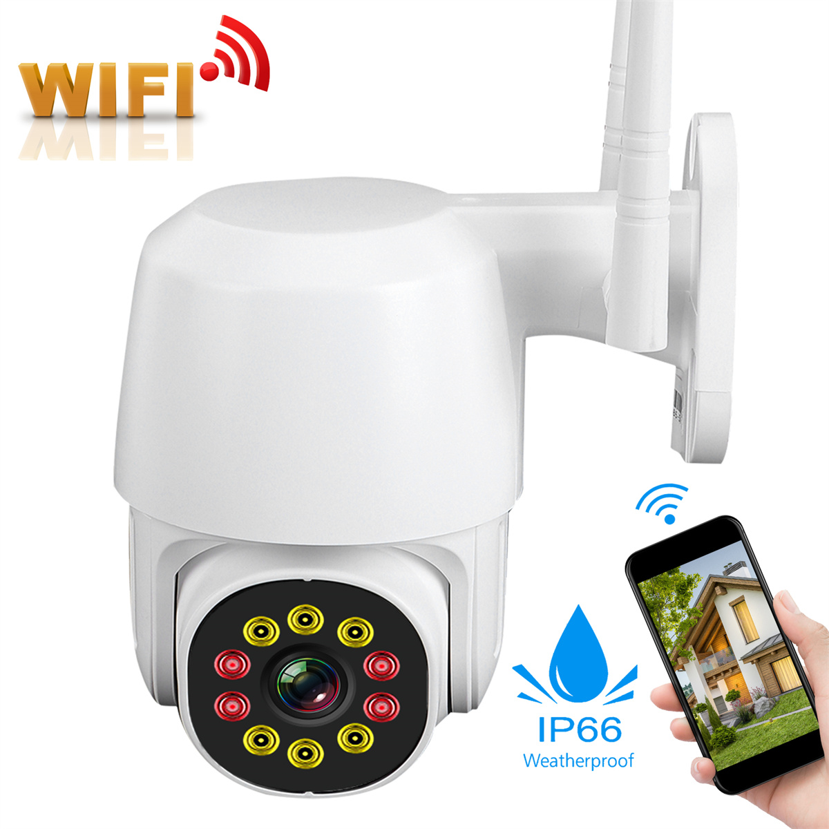 Weiße Outdoor-Überwachungskamera mit Antennen, WLAN-Symbol und Telefon mit Hausbild.