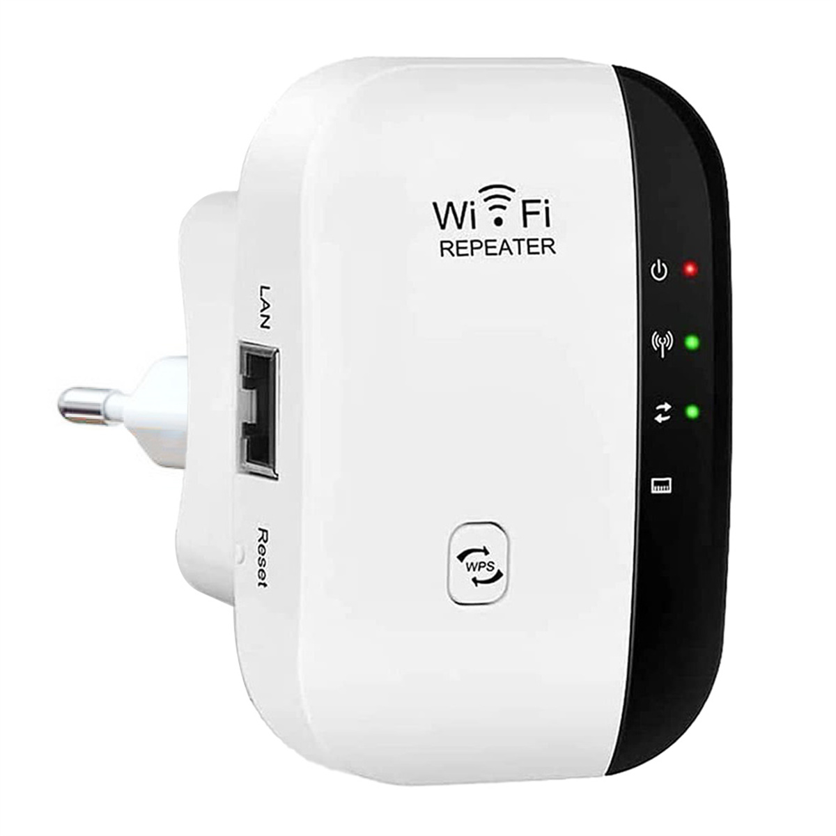 Weißer WLAN-Repeater mit LAN-Anschluss, Reset-Taste und Kontrollleuchten, an der Wand eingesteckt.
