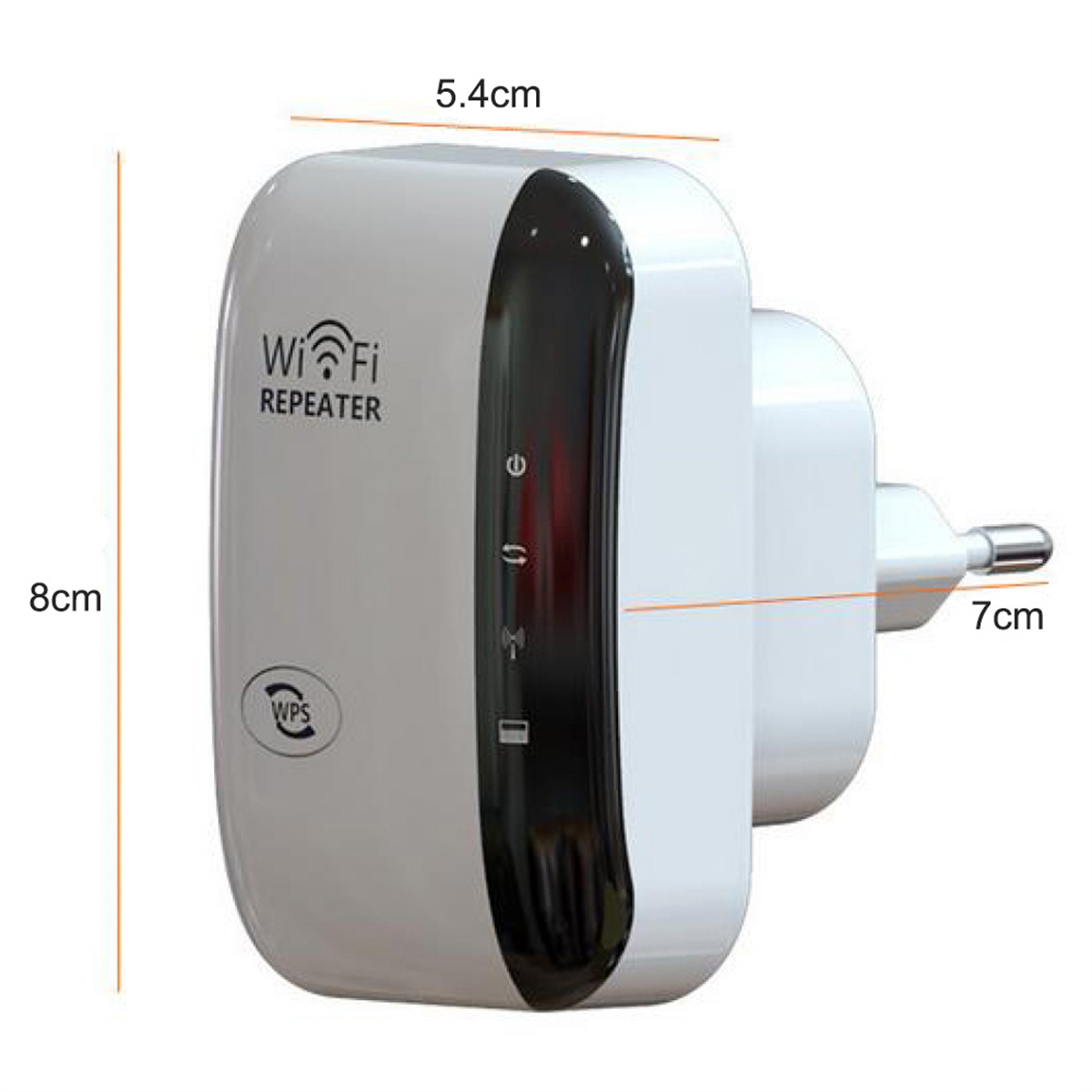 Weißer und schwarzer WLAN-Repeater mit Messungen. Der Repeater hat einen Stecker an der Seite.