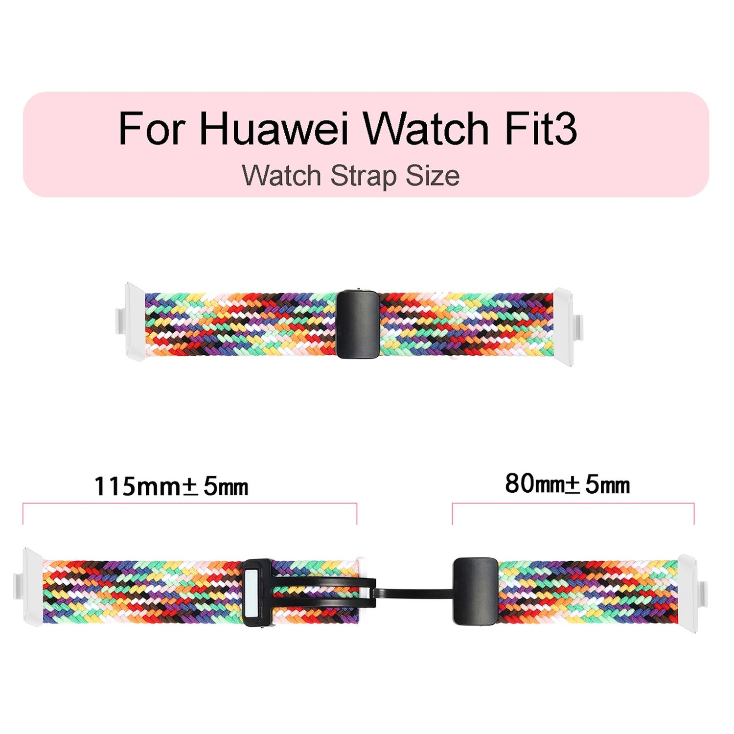 Armband mit mehrfarbigem Muster. Es hat eine schwarze Schnalle und einen Stecker. Auf weißem Hintergrund.