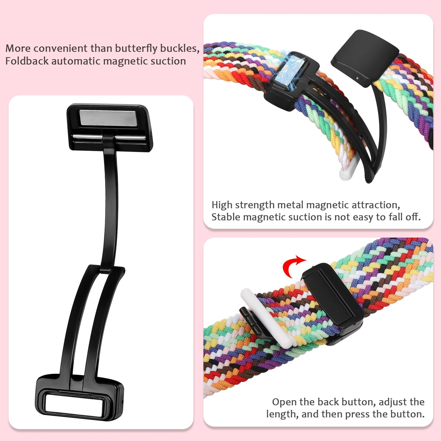 Armband mit Magnetverschluss. Komponenten werden mit Beschreibungen gezeigt.