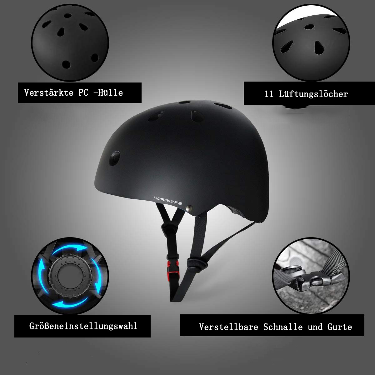 Schwarzer Helm mit Belüftungsöffnungen und Textbeschriftungen für Funktionen.
