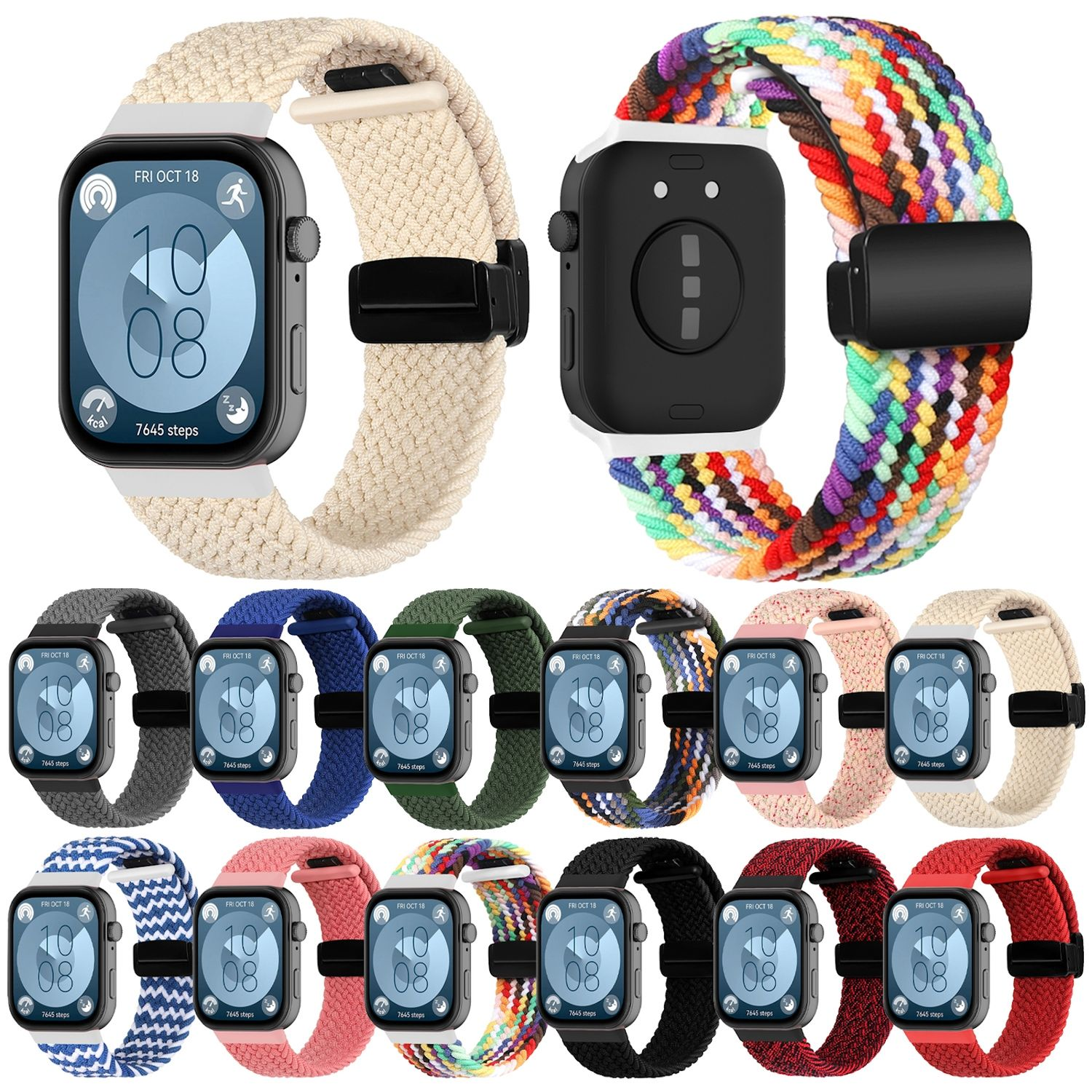 Mehrere Smartwatch-Armbänder in verschiedenen Farben und Designs. Inkl. schwarze Uhr mit Band.