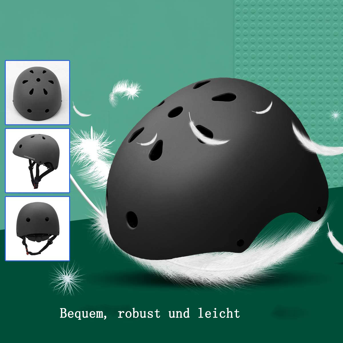 Schwarzer Helm mit drei Helmbeispielen und schwebenden Federn. Grüner Hintergrund.