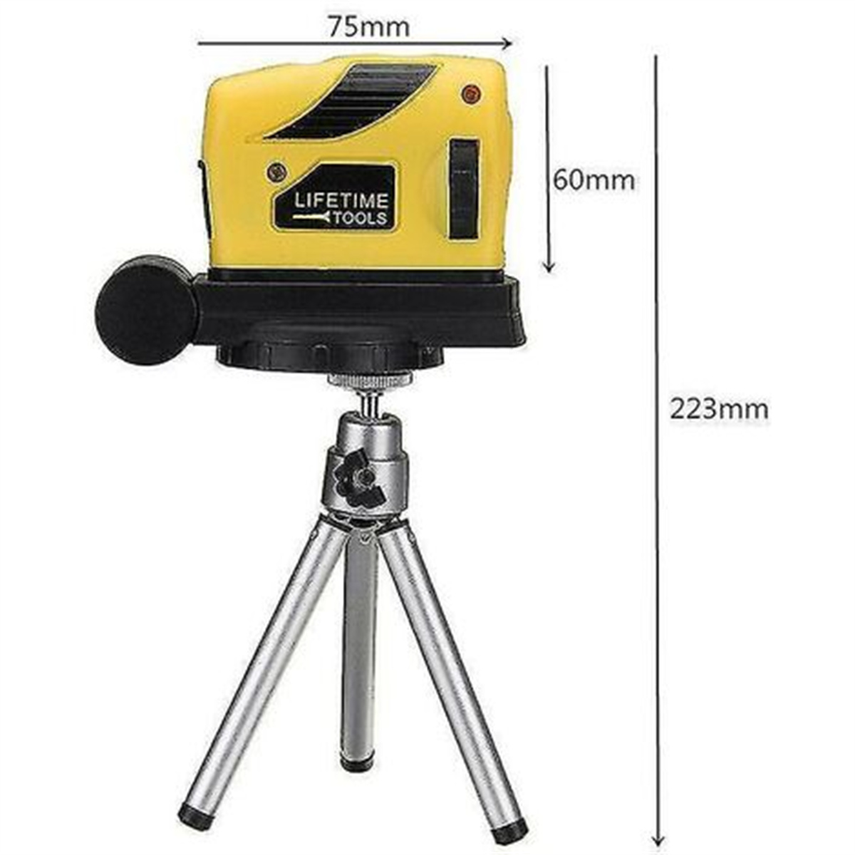 Gelbes Lifetime Tools Laser-Niveau auf einem silbernen Stativ, Abmessungen gezeigt.