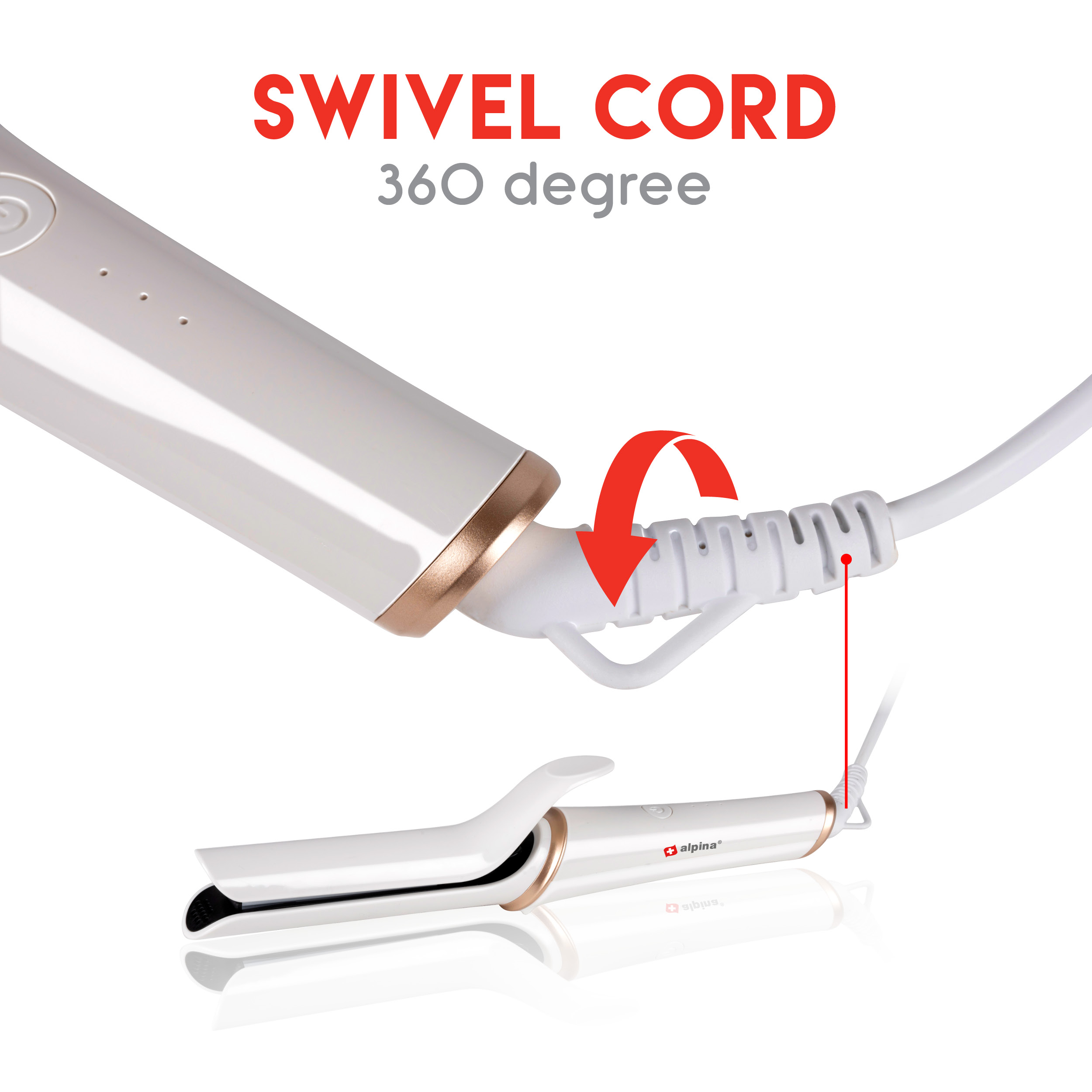 A white and gold curling iron with a swivel cord. There is a red arrow pointing to the swivel.