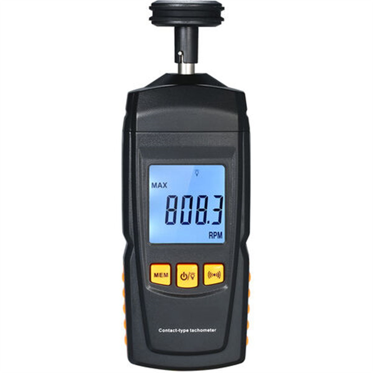 Schwarzer Drehzahlmesser mit Digitalanzeige, die 808,3 U/min anzeigt, und drei Tasten.