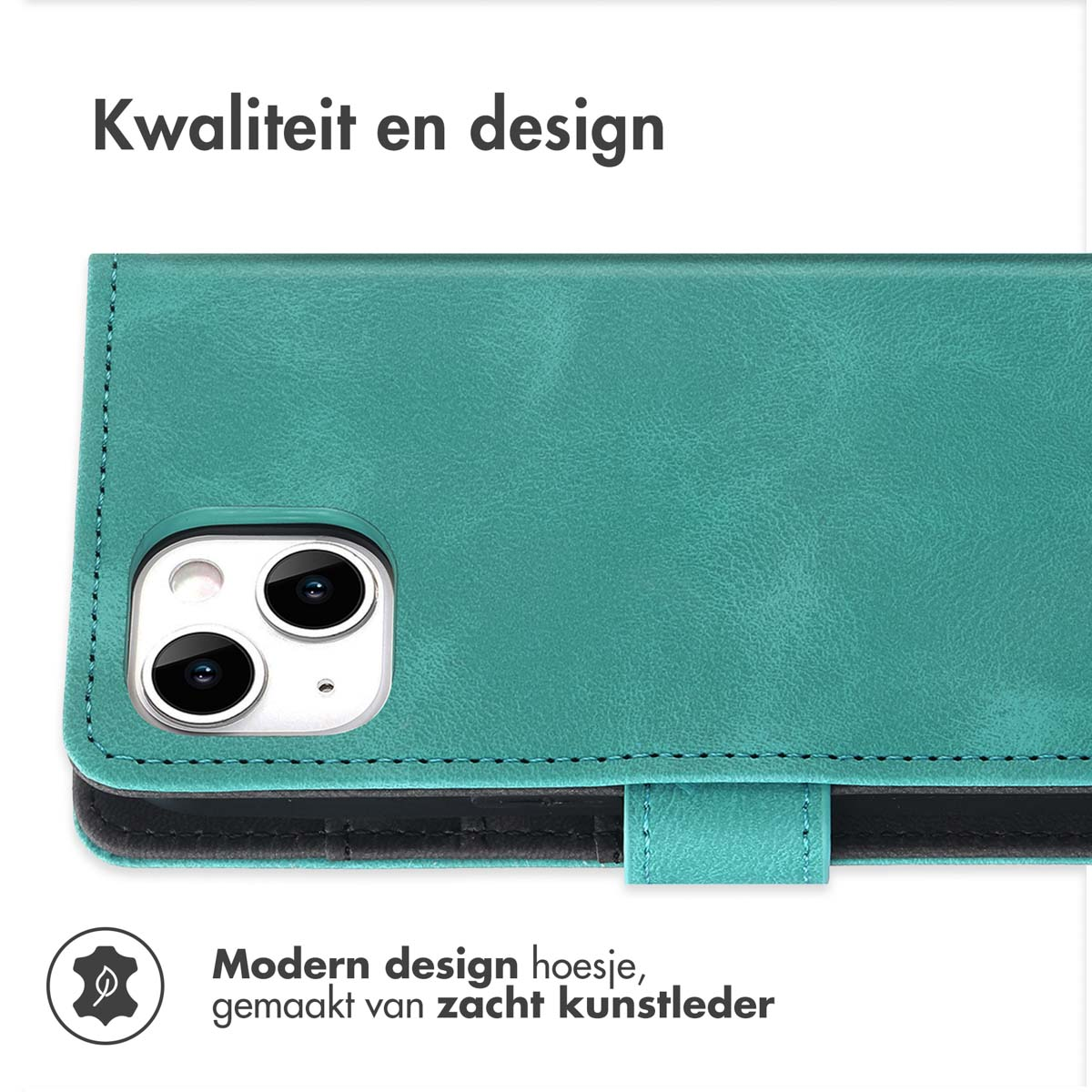 Turquoise telefoonhoesje met camera-uitsparing en tekst 'Kwaliteit en design'.