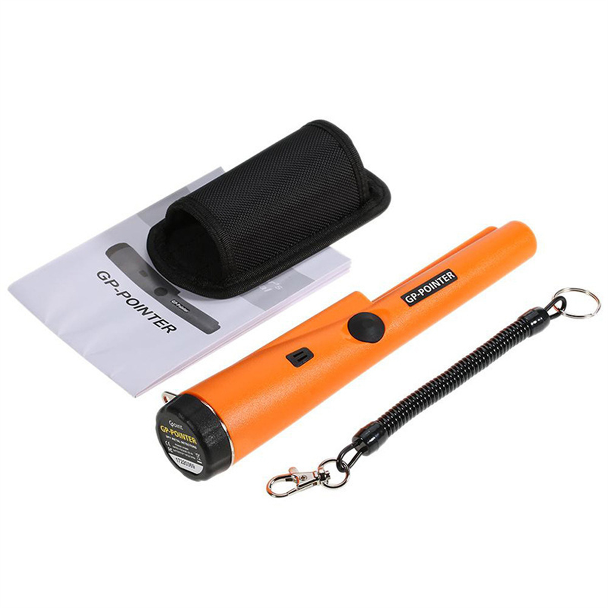 Ein orangefarbener Metalldetektor mit schwarzem Riemen und schwarzem Etui sowie einer Anleitung.