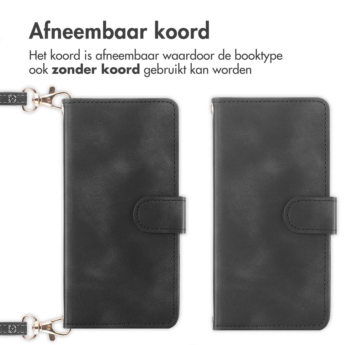 Étui de téléphone livre noir avec sangle détachable, un côté ouvert.