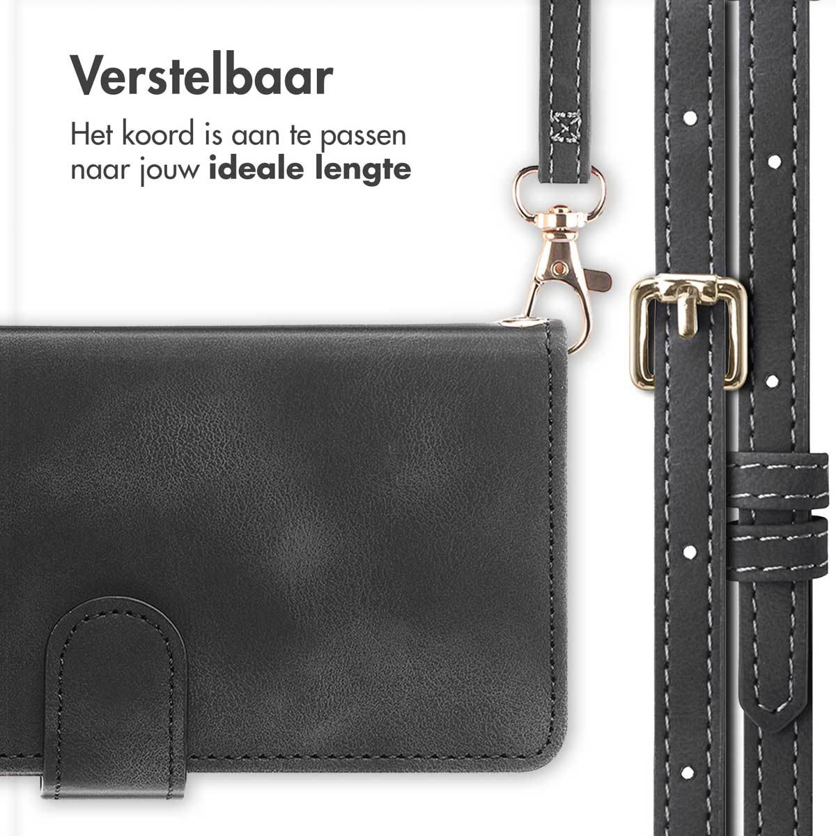 Étui en cuir noir avec sangle réglable et fermoir doré. Texte en néerlandais.