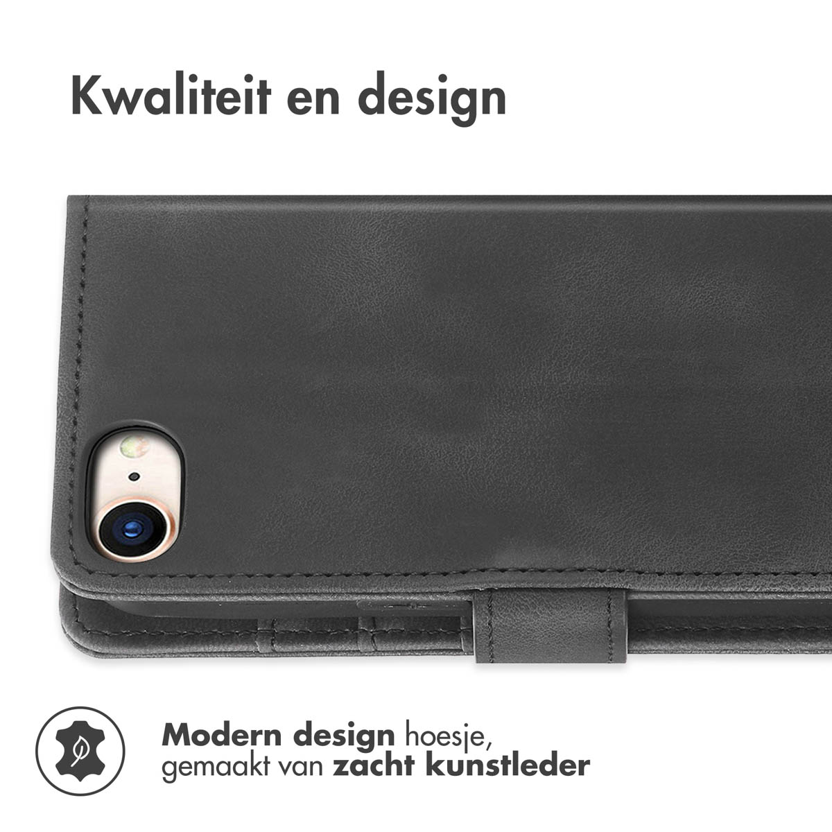 Étui à rabat en similicuir noir avec découpe caméra et logo feuille.