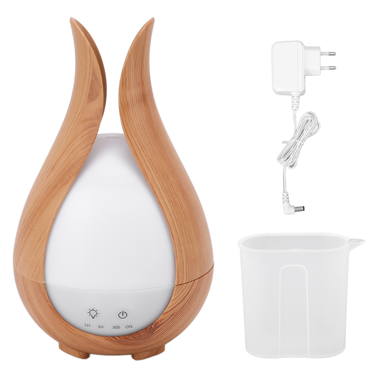 Ein Holz-Diffusor mit abgerundetem Design und einem weißen Netzteil und Wasserbehälter.