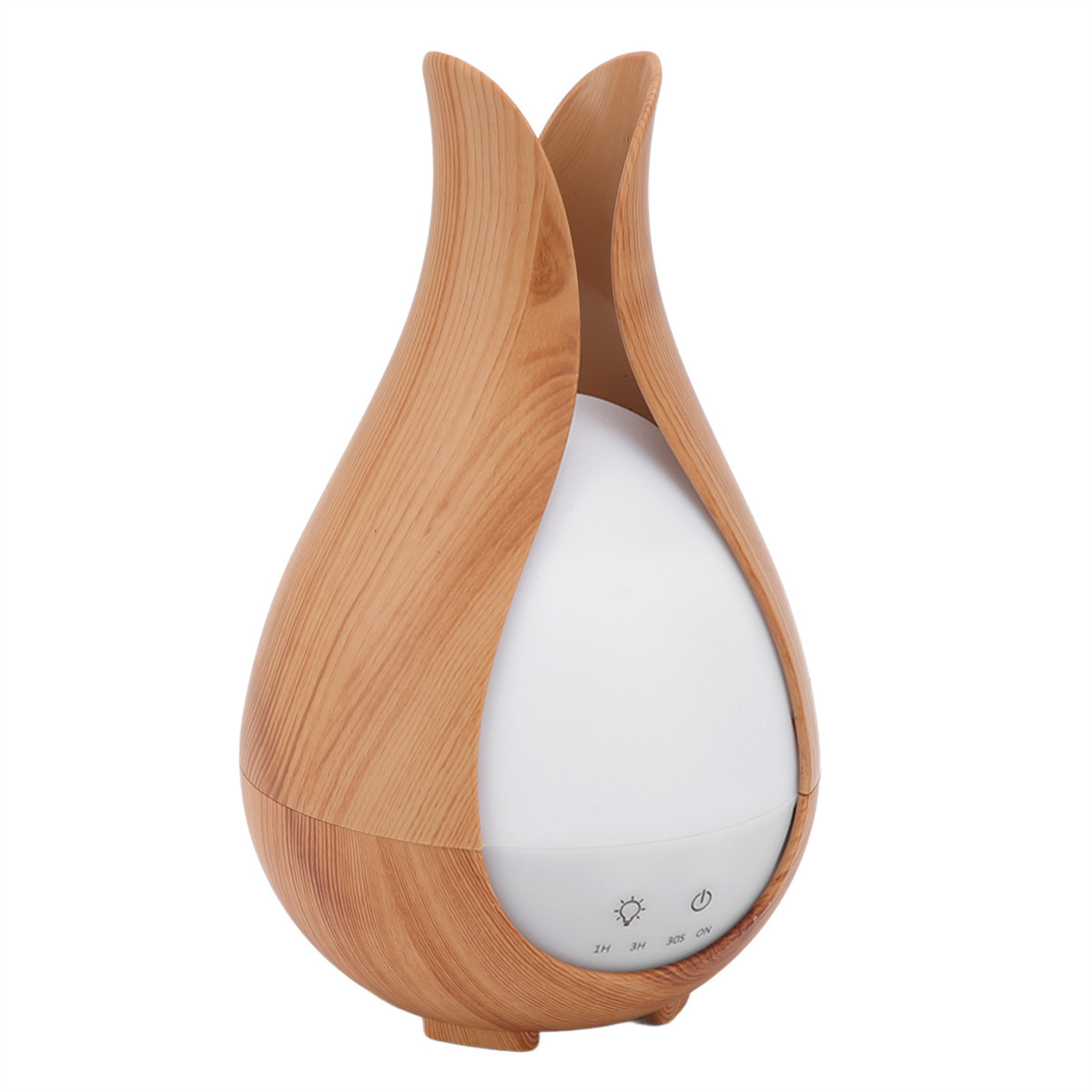 Ein ätherischer Öl-Diffusor mit Holzstruktur und weißem Licht.