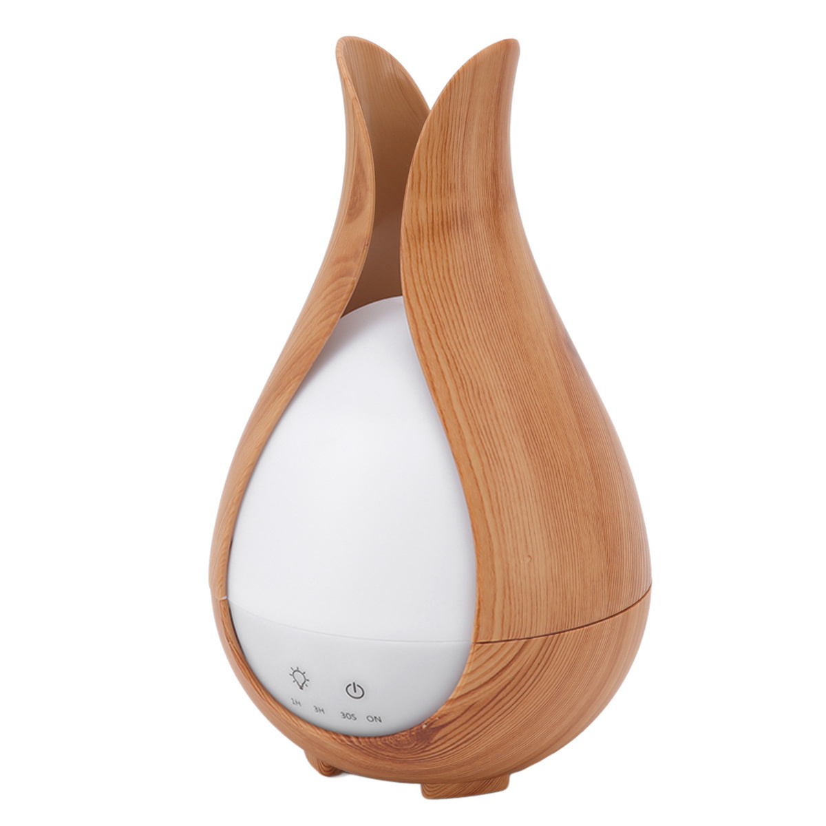Ein tropfenförmiger Aroma-Diffusor aus Holz. Er hat eine weiße Glühbirne in der Mitte und Bedienelemente an der Basis.
