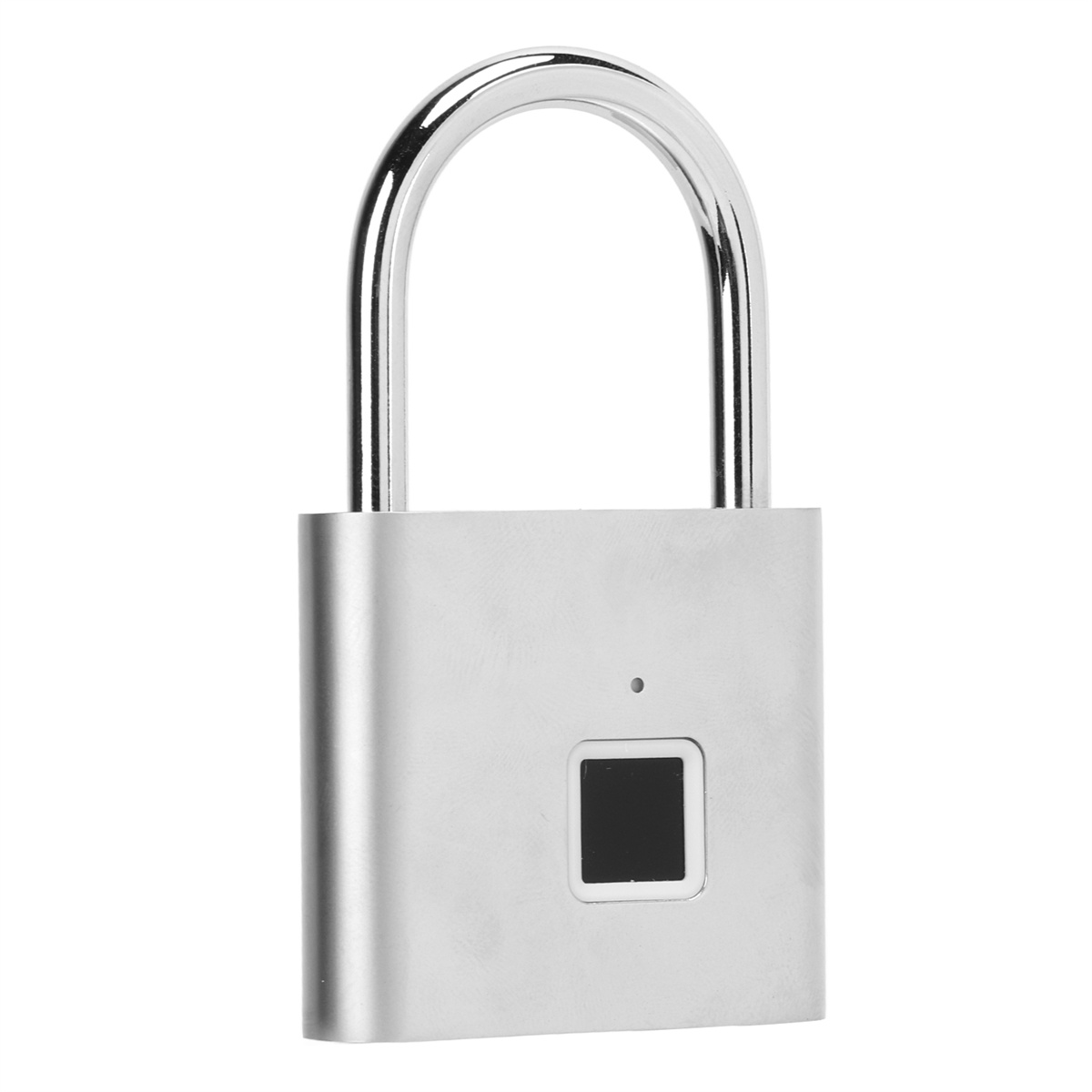 Ein silbernes Fingerabdruck-Vorhängeschloss, mit einem schwarzen Fingerabdrucksensor, vor weißem Hintergrund.