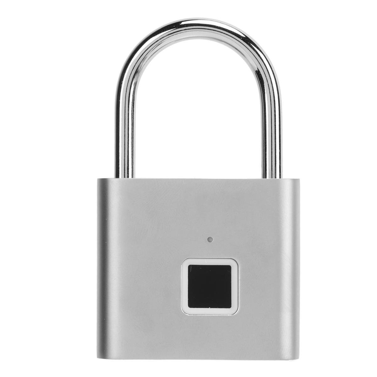 Silbernes Fingerabdruck-Vorhängeschloss mit U-förmigem Bügel und schwarzem Fingerabdrucksensor.