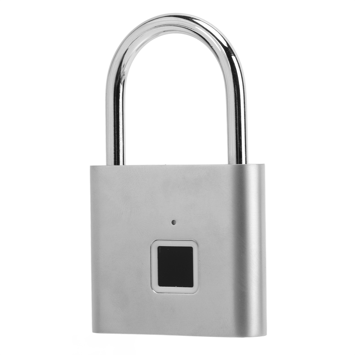 Silbernes Fingerabdruck-Vorhängeschloss mit schwarzem Fingerabdrucksensor und gebogenem Bügel.