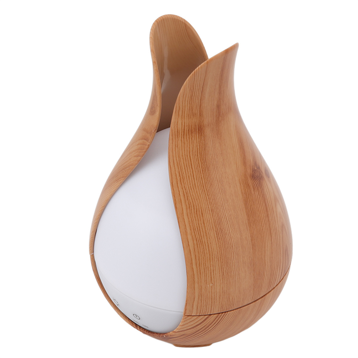Ein Luftdiffusor im Holzstil mit einem weißen Innenlicht. Ein modernes, tulpenartiges Design.