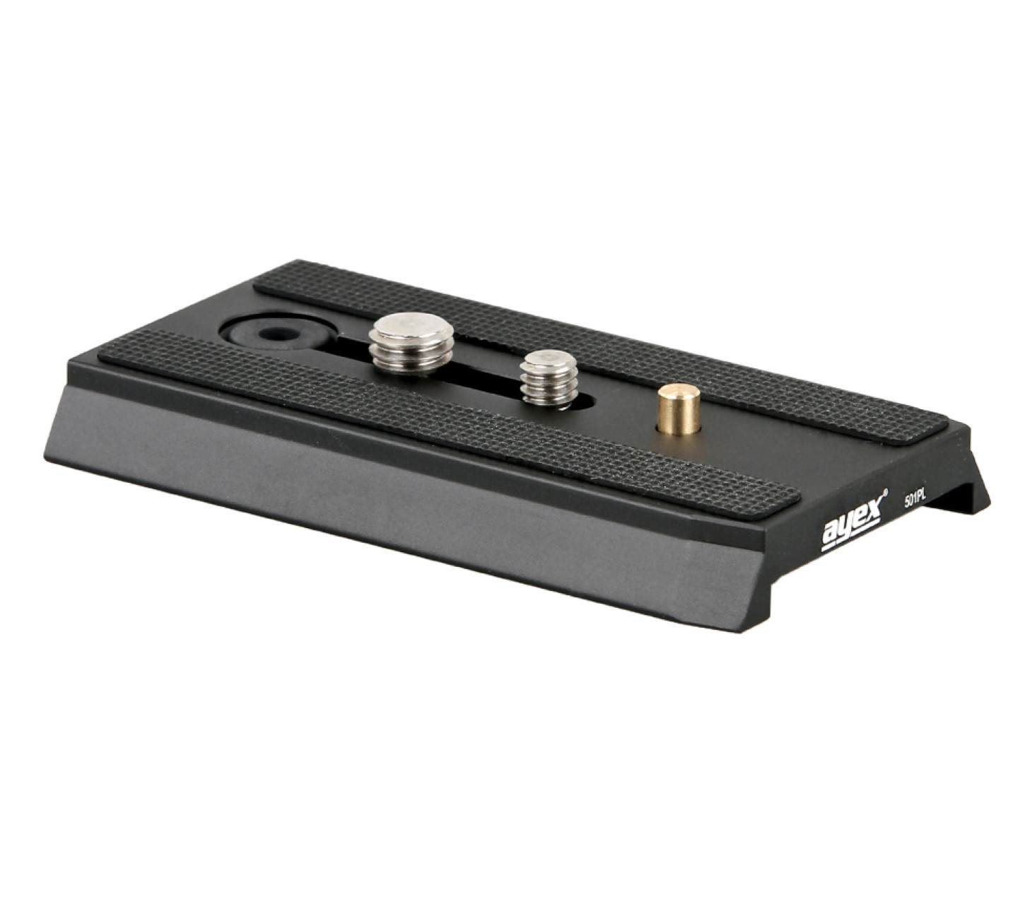 Schwarze Kamera-Schnellwechselplatte mit Befestigungsschrauben und Messingstift.