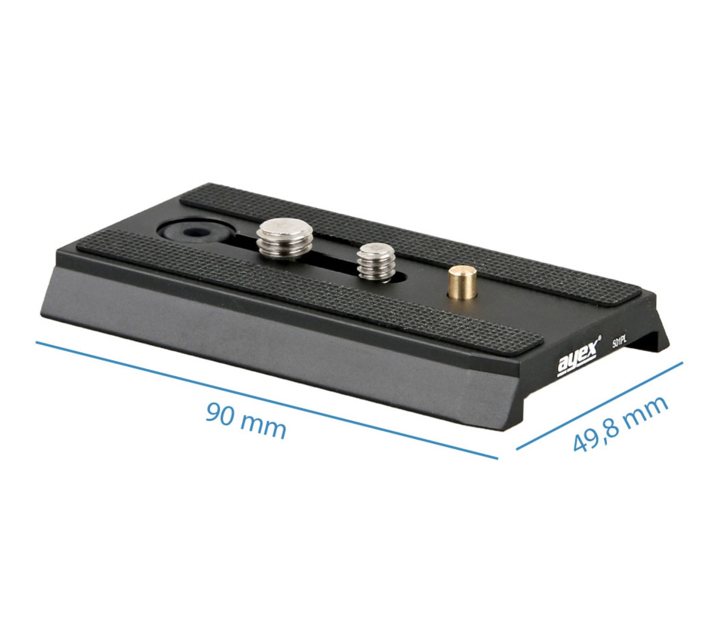 Schwarze Metall-Kameraplatte mit Abmessungen. Zwei Schrauben, schwarze Gummi-Grip-Oberfläche.