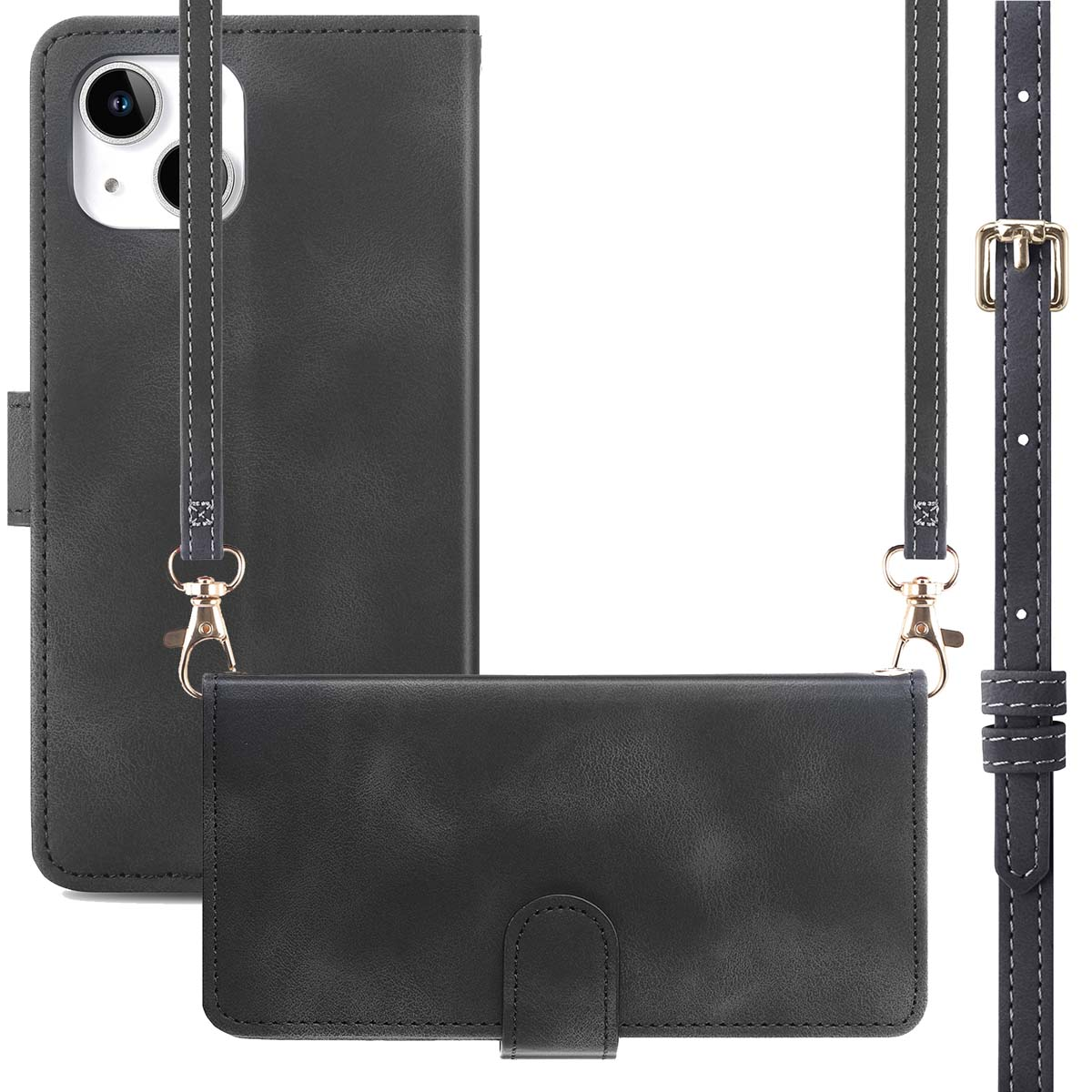 Zwarte telefoonhoes met een riem en een kleine portemonnee. Witte stiksels op de riem.