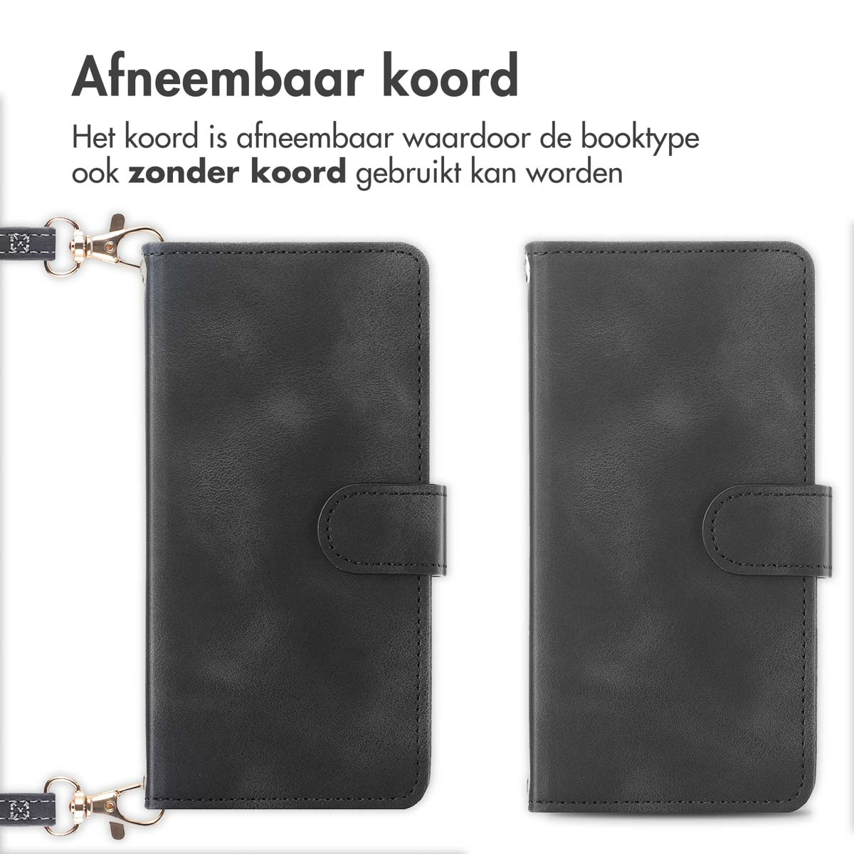 Zwart telefoonhoesje in boekstijl met afneembaar koord
