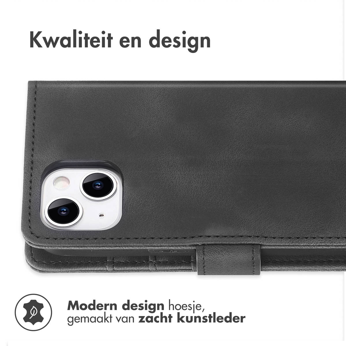 Zwarte kunstleren telefoonhoes met dubbele camera-uitsparing en tekst.