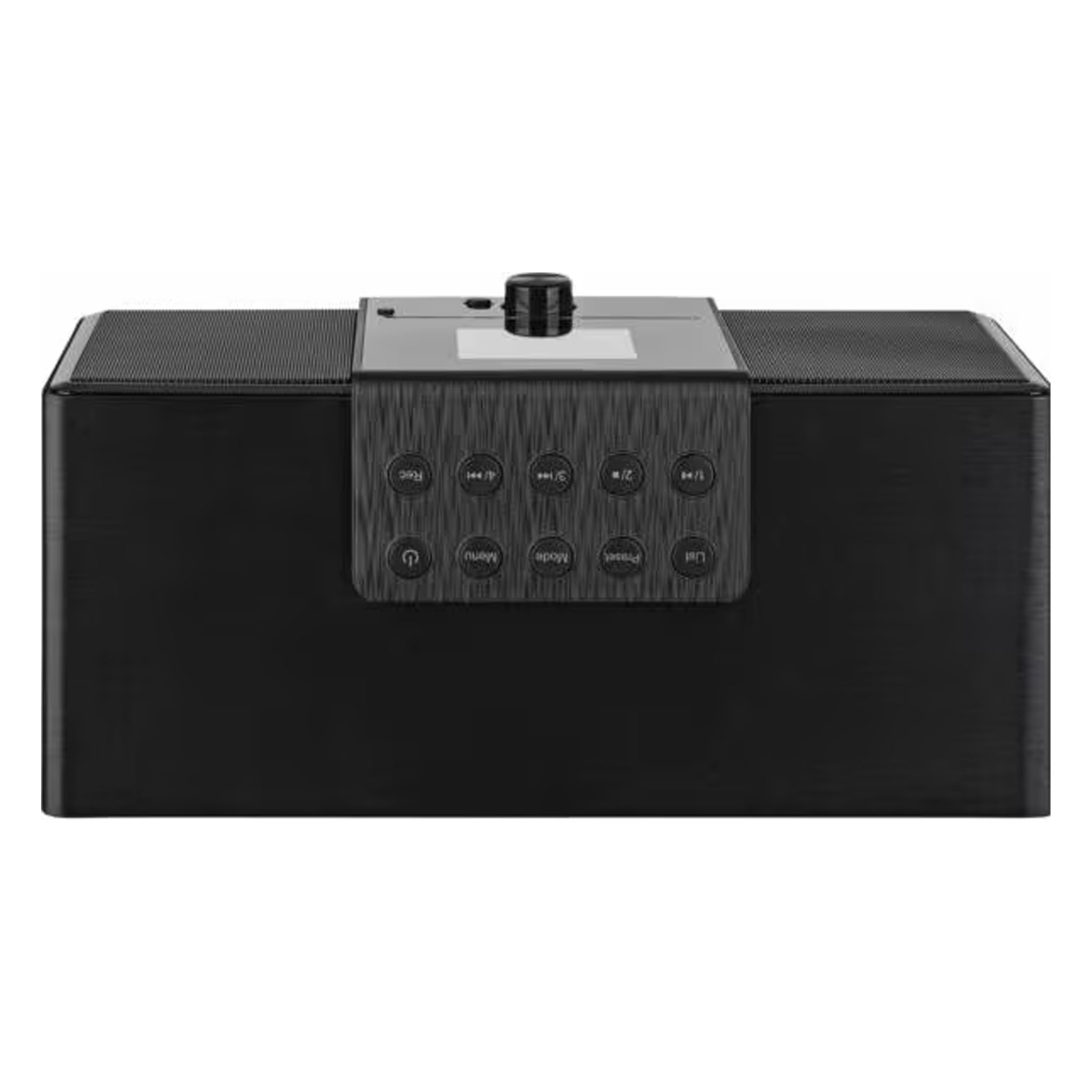 Czarny prostokątny głośnik z przyciskami i wyświetlaczem na górze. Przód z siatkową osłoną.