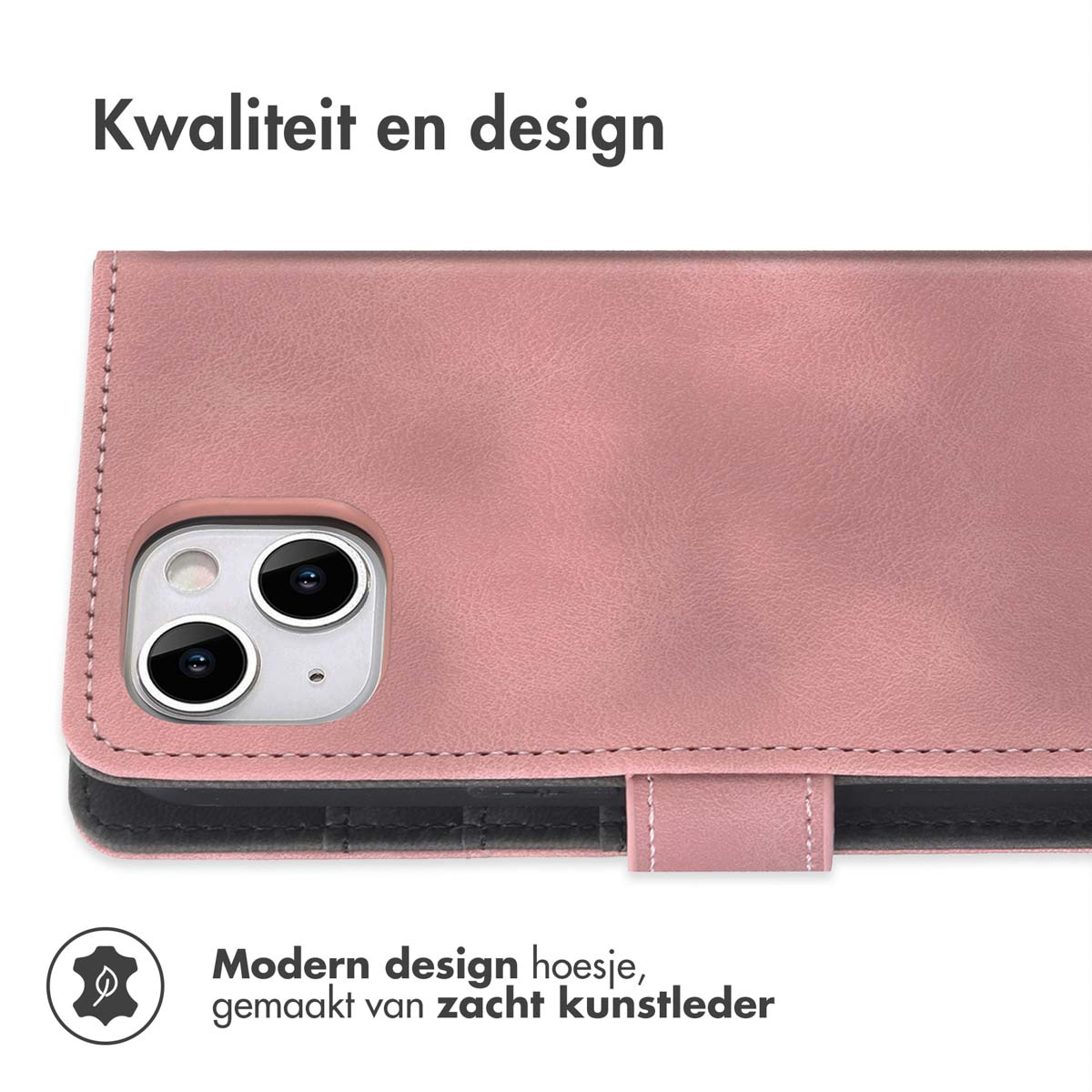 Roze telefoonhoes met camerauitsparing en tekst.