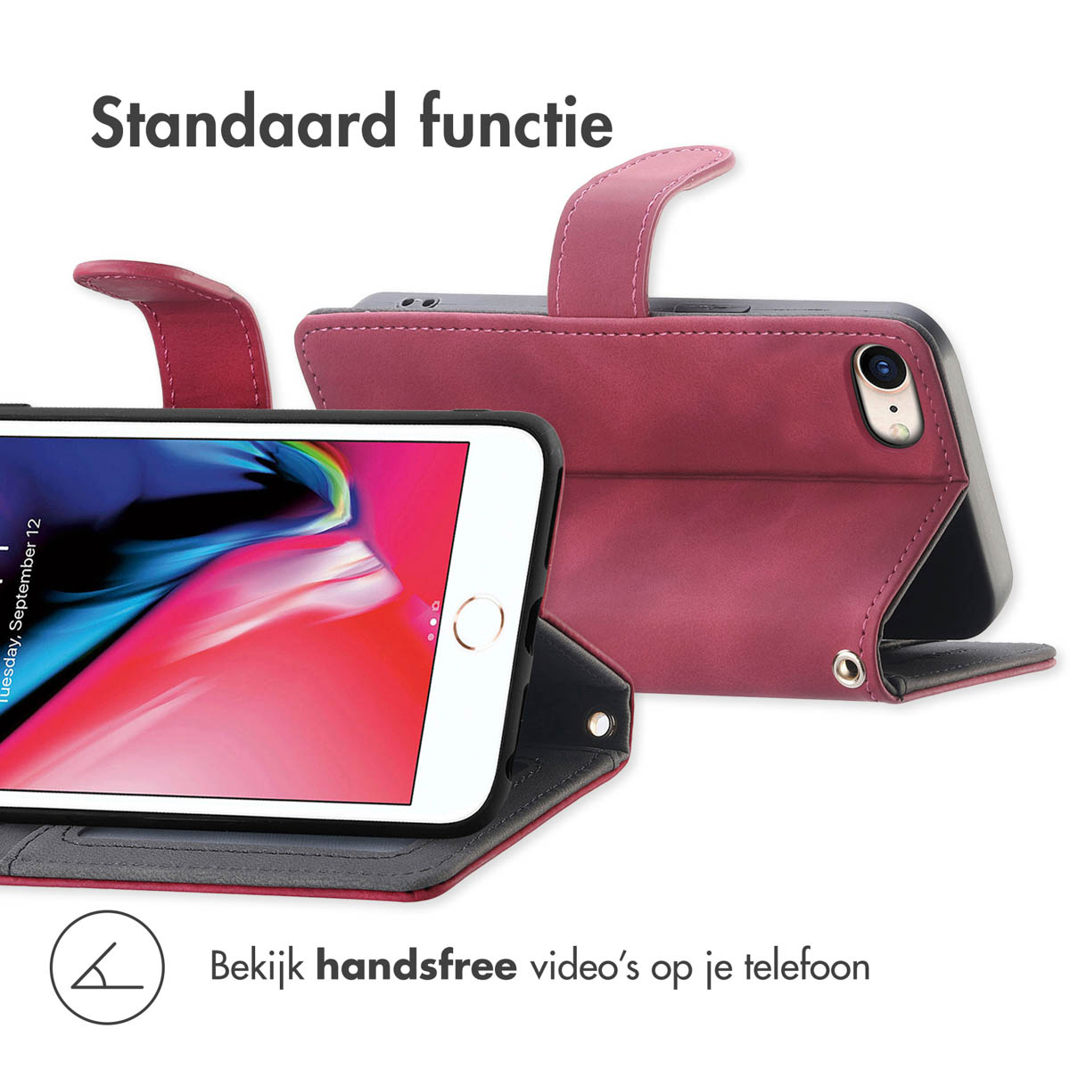 Een rood lederen telefoonhoesje in standaardmodus met een telefoon.