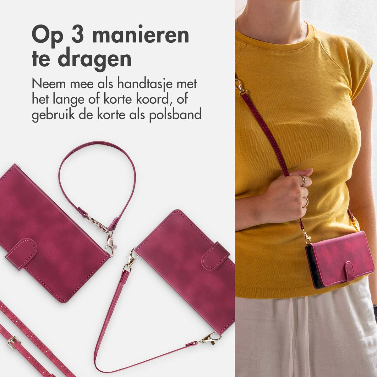 Een rood lederen telefoonhoesje wordt op drie manieren getoond: als handtas, crossbody of polsband.