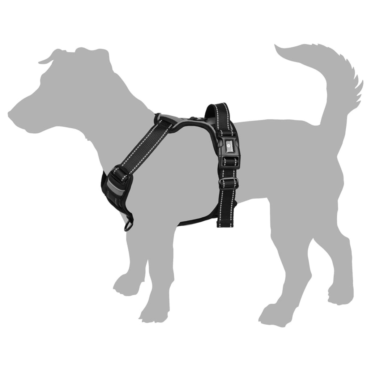 Hunde Geschirr auf einer grauen Silhouette eines Hundes, zeigt die Gurte und Schnallen des Geschirrs.