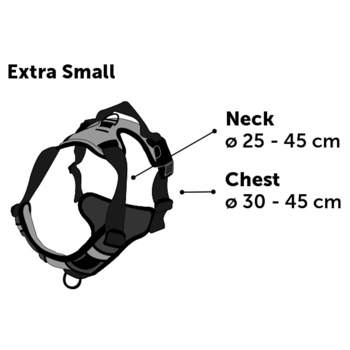 Hunde-Geschirr mit der Aufschrift 'Extra Small'. Hals: 25-45cm, Brust: 30-45cm. Schwarz und grau.