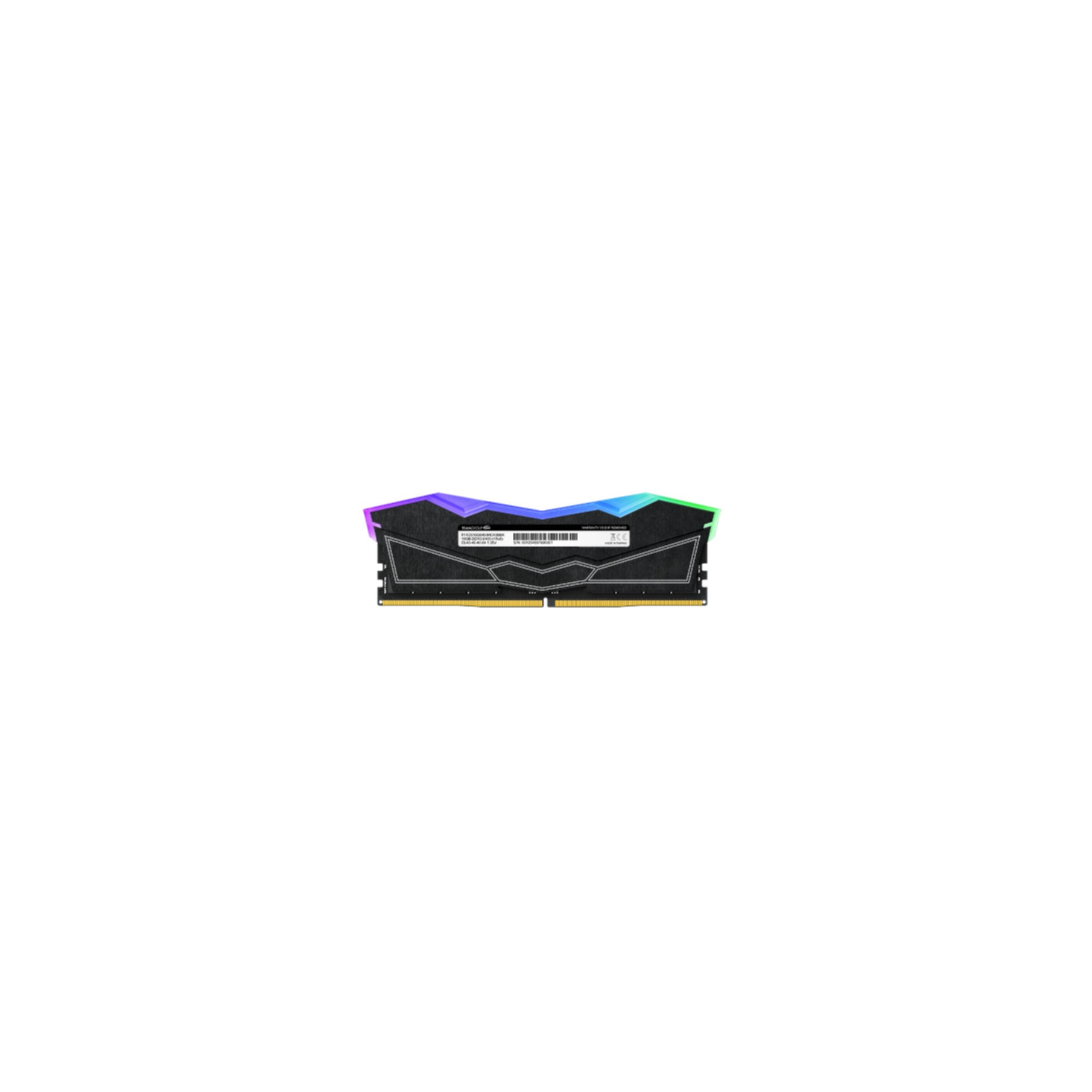 Un modulo RAM con luci LED colorate sopra e un PCB nero.